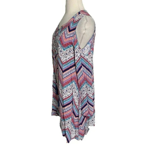 no comment M pink blue floral chevron print cold shoulder boho dress - Picture 4 of 7